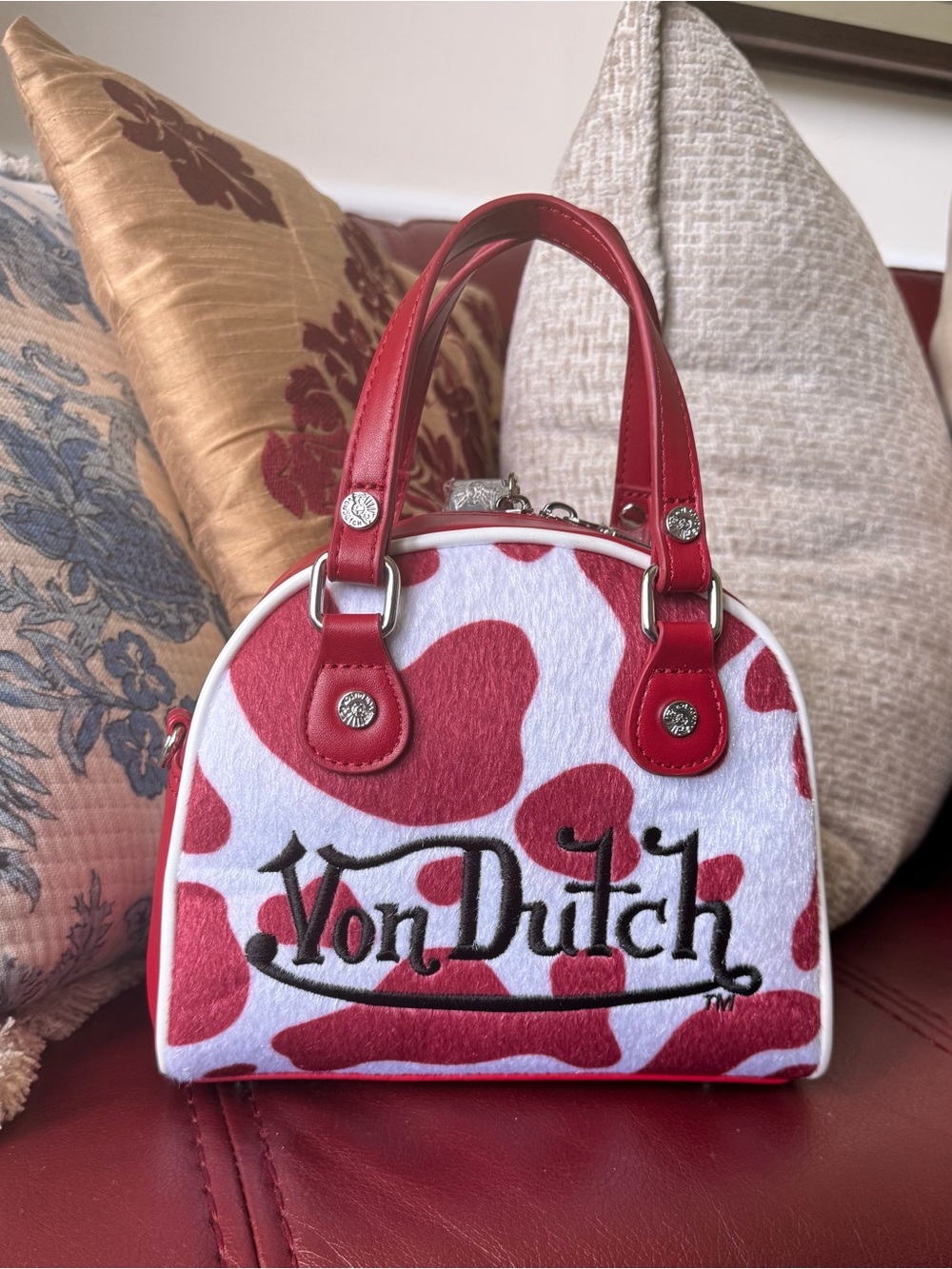 Von Dutch Red & White Heart-Pattern Mini Top-Handle Bag - Picture 1 of 7